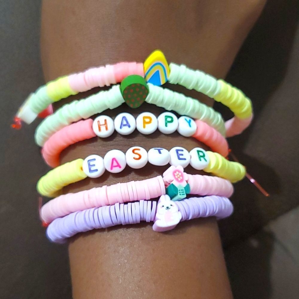 Handmade Happy Easter set Heishi Polymer Clay Beads bracelets.